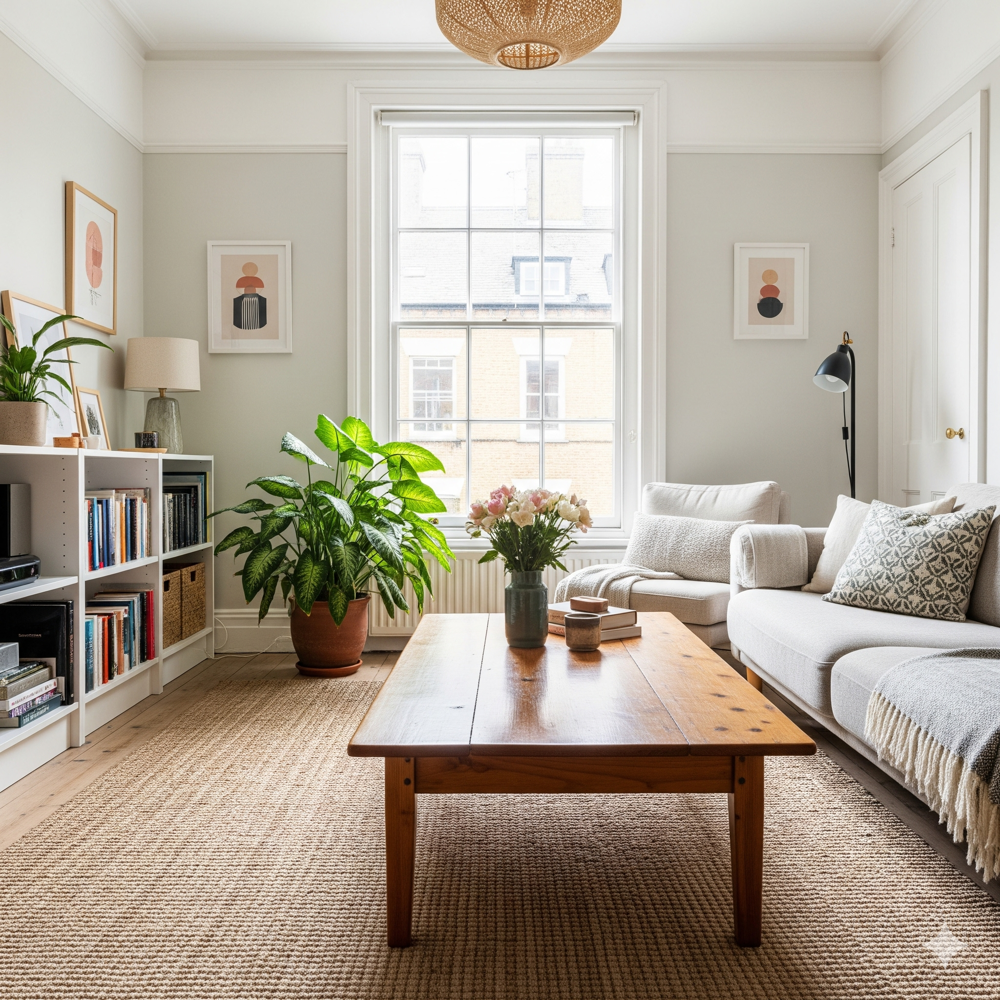 A bright, airy living room with a restored wooden coffee table, a large green plant in a terracotta pot, and a woven jute rug.