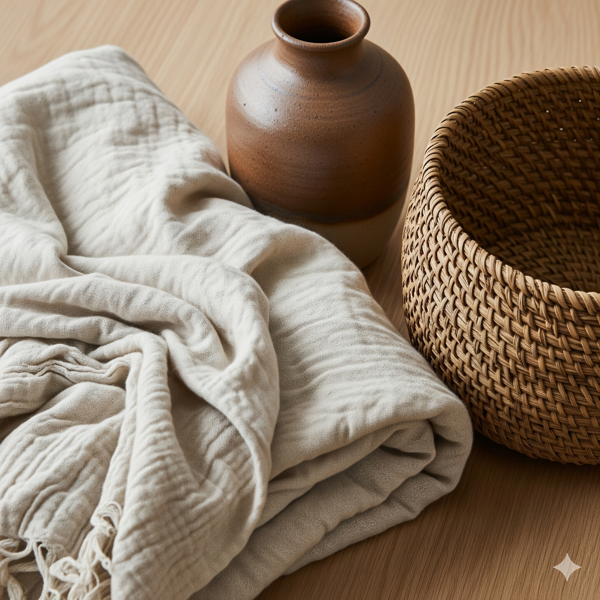 A close-up of different textures—a folded organic cotton throw blanket, a hand-woven basket, and a ceramic vase on a wooden surface.