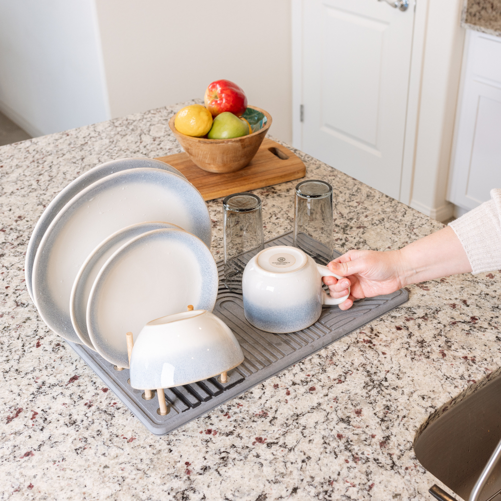 Diatomite Stone Drying Mat with Bamboo Dish Rack & Non-Slip Base
