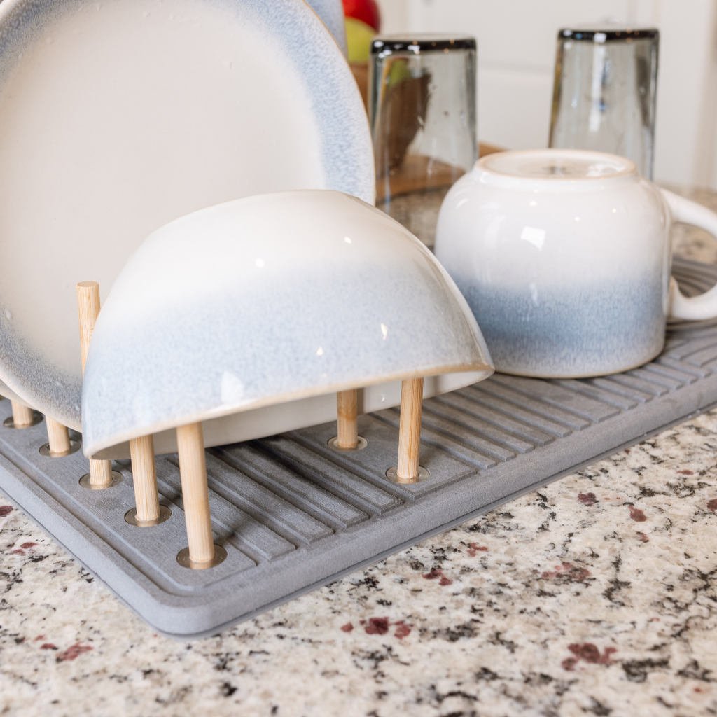 Diatomite Stone Drying Mat with Bamboo Dish Rack & Non-Slip Base