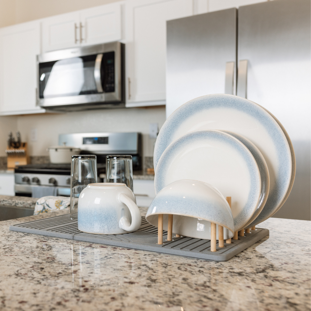 Diatomite Stone Drying Mat with Bamboo Dish Rack & Non-Slip Base