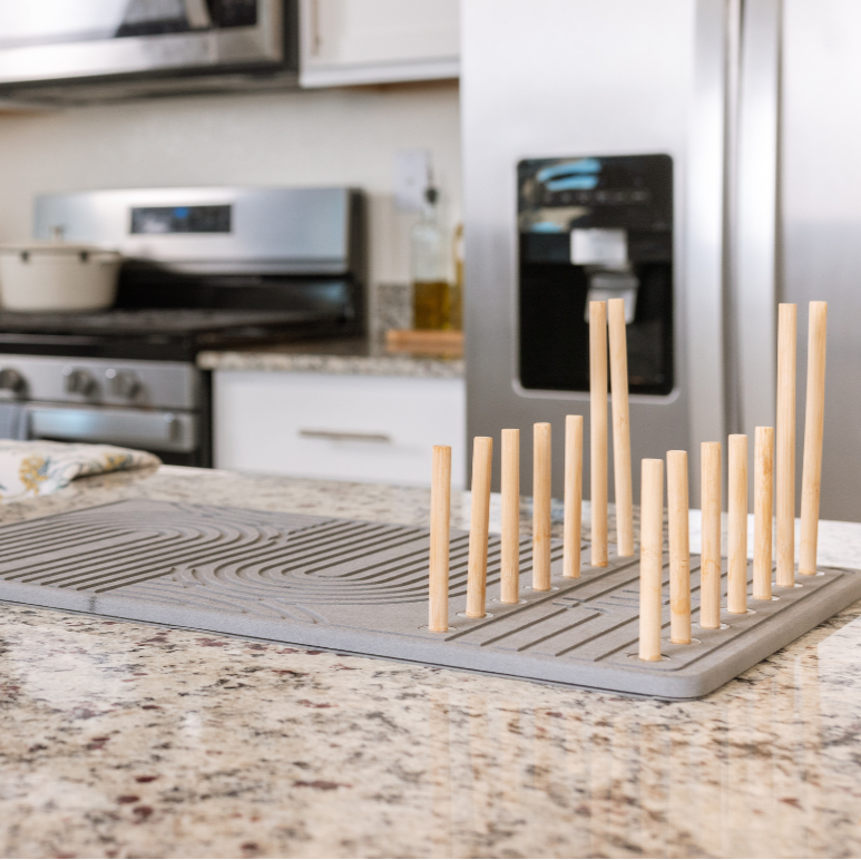 Diatomite Stone Drying Mat with Bamboo Dish Rack & Non-Slip Base