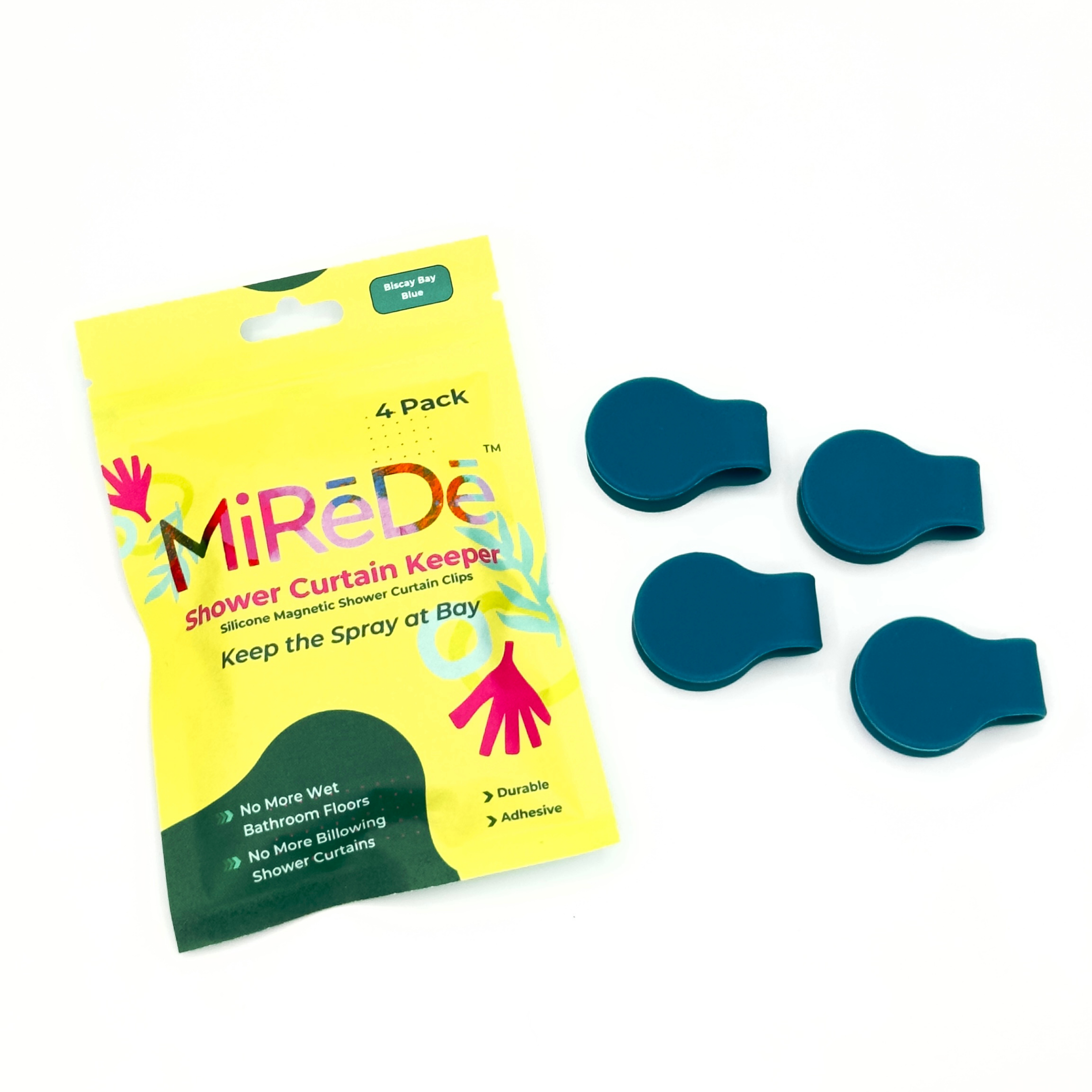 Mirede shower curtain keeper packaging with four blue silicone clips on a white background