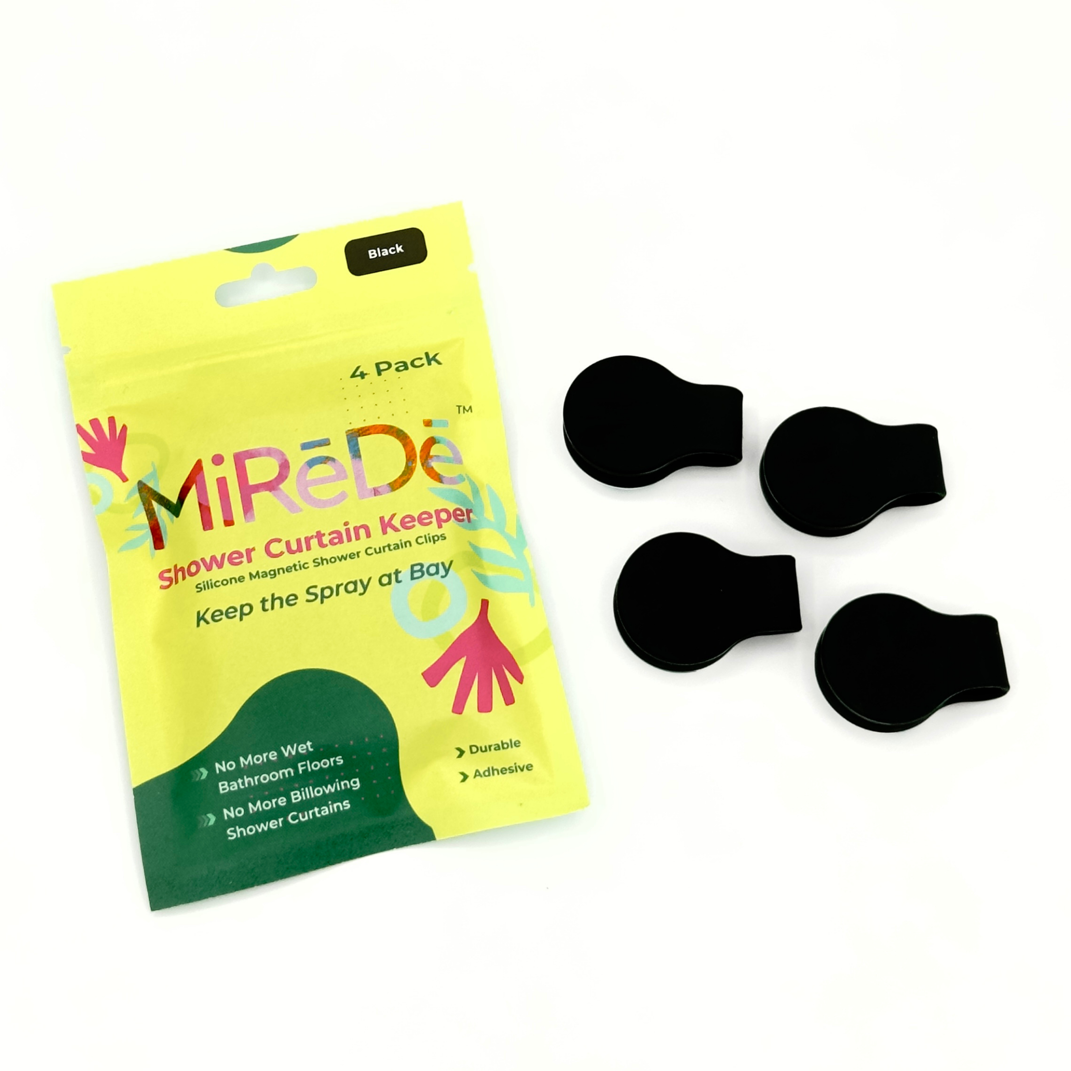 Yellow package of Mirede shower curtain keepers with four black silicone clips on a white background