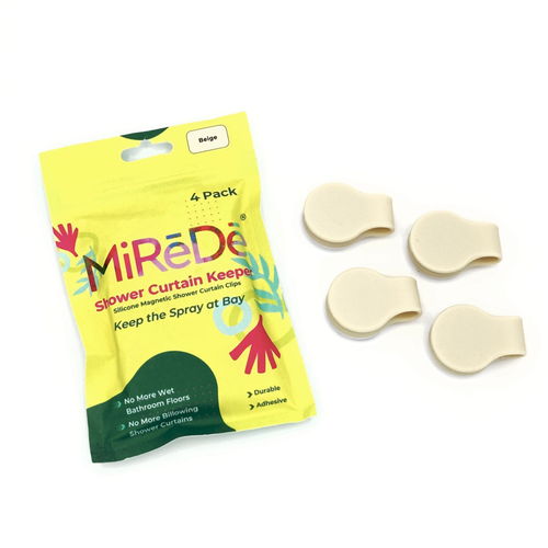 Yellow package of Mirede shower curtain clips with four cream colored clips on a white background