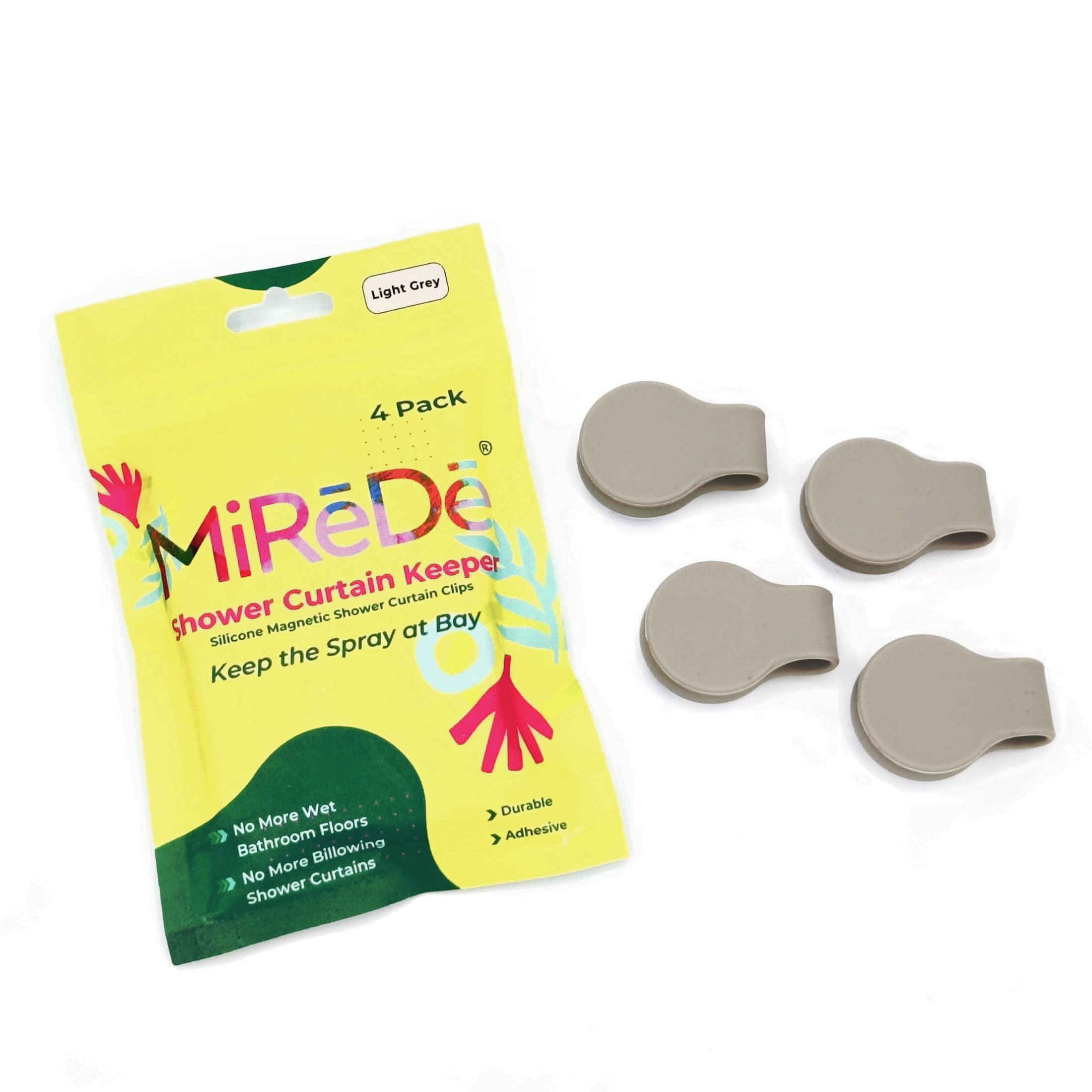 Mirede shower curtain keeper packaging with four gray clips on a white background